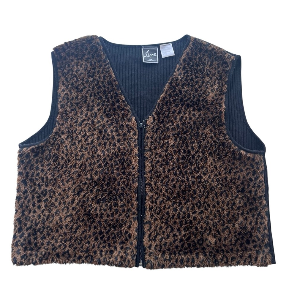 Lennie for Nina Leonard Size XL Black Brown Faux Fur Leopard Ribbed Zip Vest Y2K